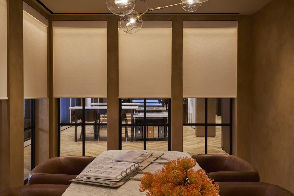 One of the new products on display is the Aura Illuminated shade, which features built-in lighting effects that simulate sunlight One of the new products on display is the Aura Illuminated shade, which features built-in lighting effects that simulate sunlight