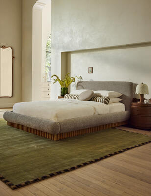 Nelio hand-loomed rug, Billow bed, Ripple nightstand 