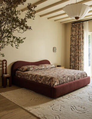 Narsi hand-knotted rug, Gladys platform bed