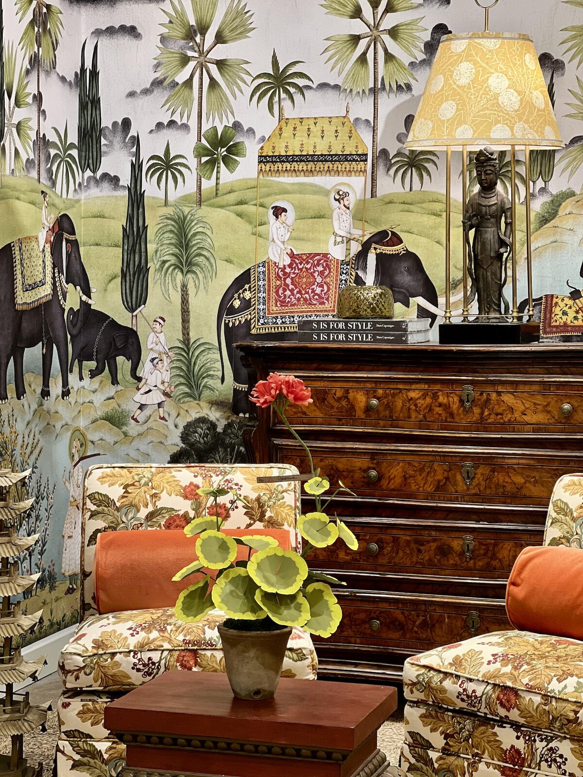 One of the window vignettes featuring Iksel wallpaper, a vintage Billy Baldwin lamp and Cowtan & Tout fabric on Coco & Dash chairs One of the window vignettes featuring Iksel wallpaper, a vintage Billy Baldwin lamp and Cowtan & Tout fabric on Coco & Dash chairs